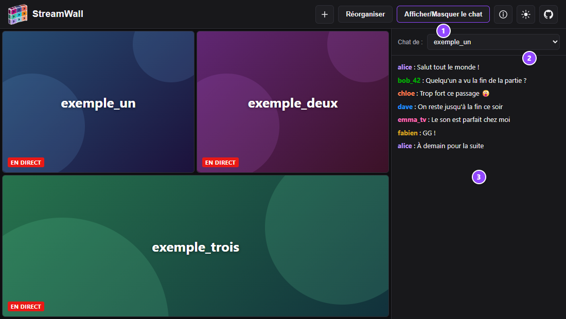 Capture avec le panneau de chat ouvert à droite : le menu déroulant du choix de chaîne en haut, et la discussion en dessous ; trois éléments sont numérotés.