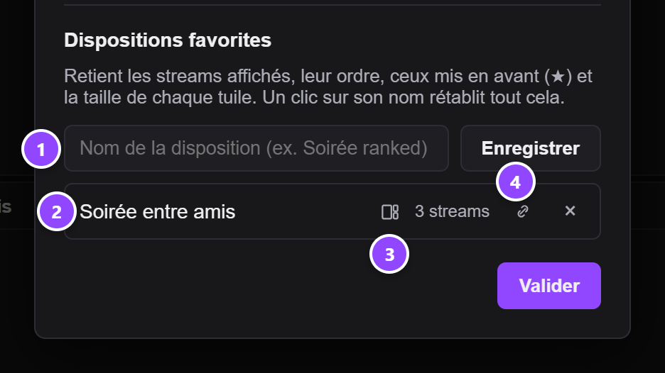 Capture du bas de la fenêtre Changer les streams : le champ de nom et le bouton Enregistrer, puis une disposition avec son nom, l'icône de tailles mémorisées, et ses boutons de partage et de suppression, numérotés de 1 à 4.
